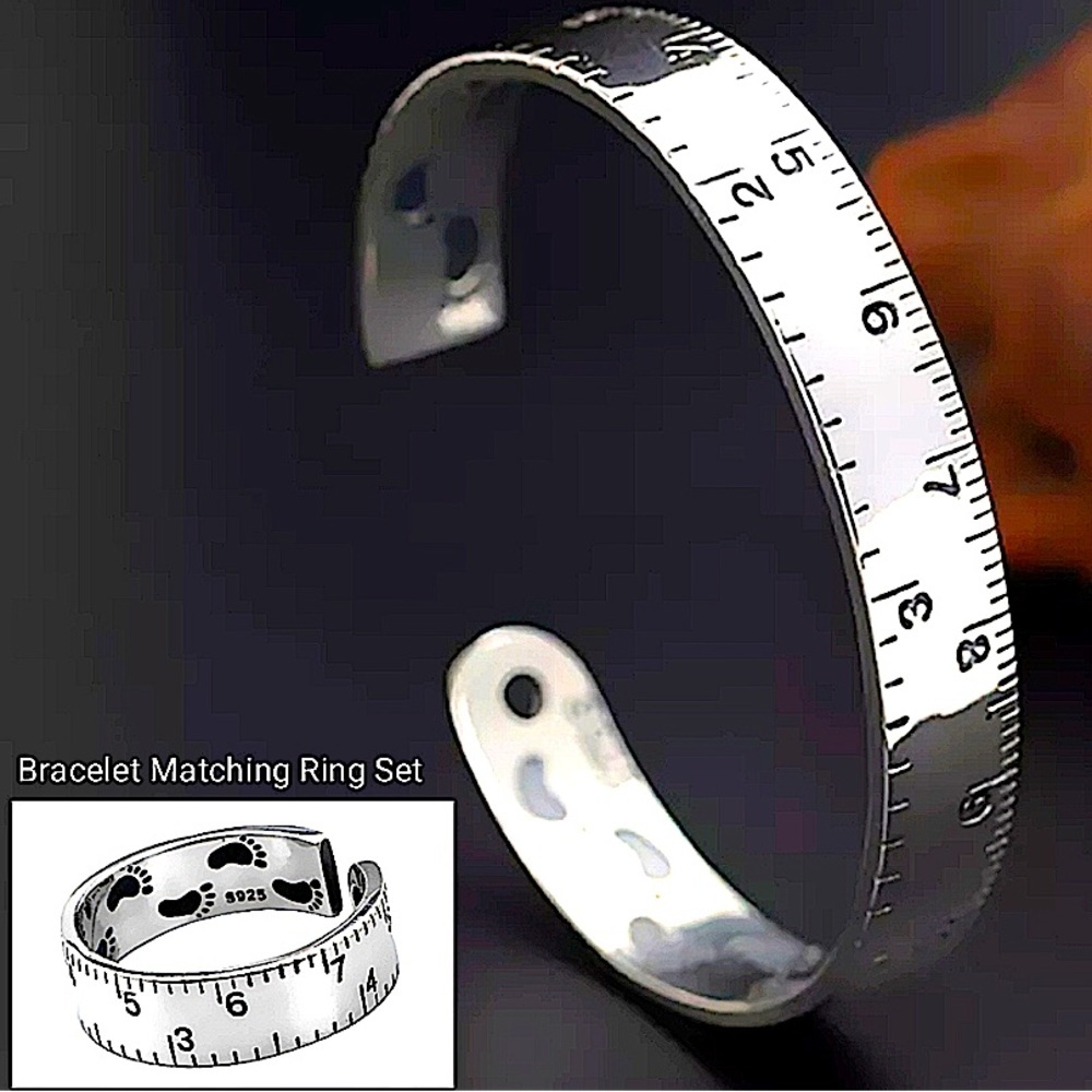 Sterling Silver Ruler Design Bracelet Bangle Cuff Matching Ring Set
